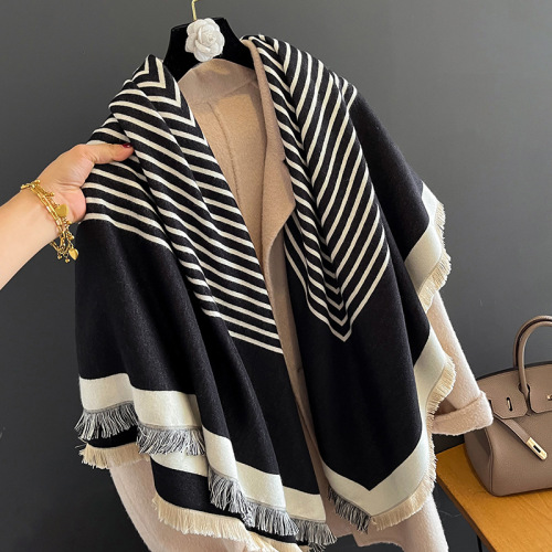 New striped shawl for women to wear outside the air-conditioned room in summer, warm imitation cashmere shoulder and neck scarf, autumn and winter
