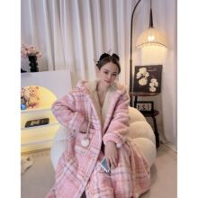 冬天连帽撞色格纹珊瑚绒睡衣女秋冬季加厚保暖睡袍家居服套装外穿