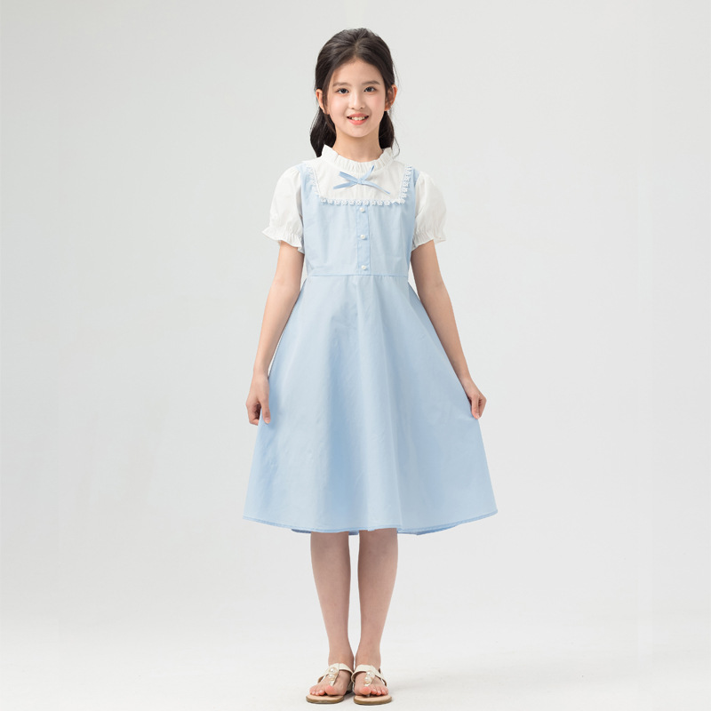 Children's Dress, Girls' Fake Two-Piece Dress, 2026 Summer Dress, Girls' Stand-Up Collar Princess Dress, Big Kids' French Preppy Style Dress