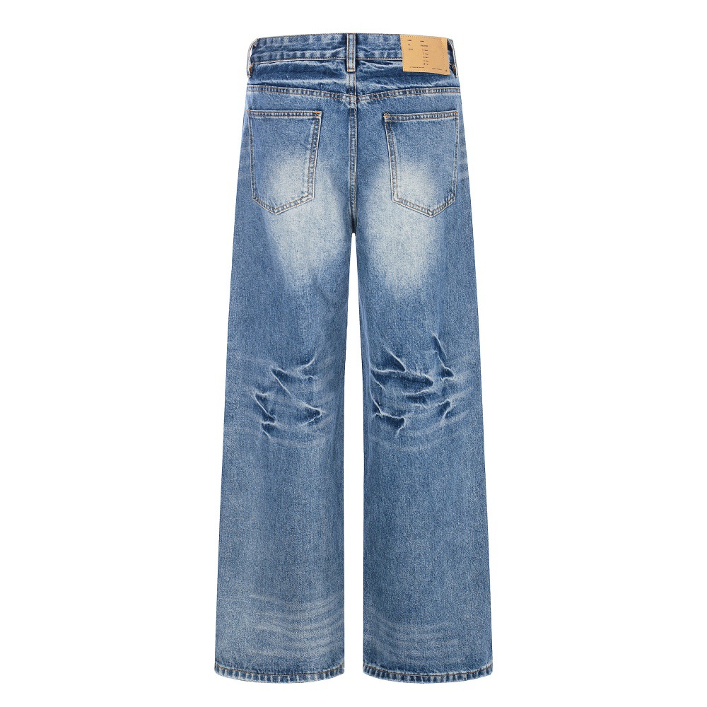 Men's High Street Trendy Ripped Washed Distressed Jeans Loose Fitting Casual Straight Leg Versatile Wide Leg Pants_mkmklike.com