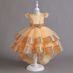 Hot-selling children's dress in Europe and the U.S.—flower girl tulle princess dress with bow and sequin train—performance outfit for girls