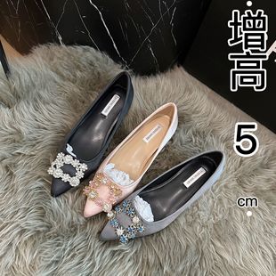 Increase 5cm Elegant Snowflake Diamond Square Buckle Pointed Toe Satin French Shallow Mouth Flats Wedding Shoes Elegant Work Clothing Shoes