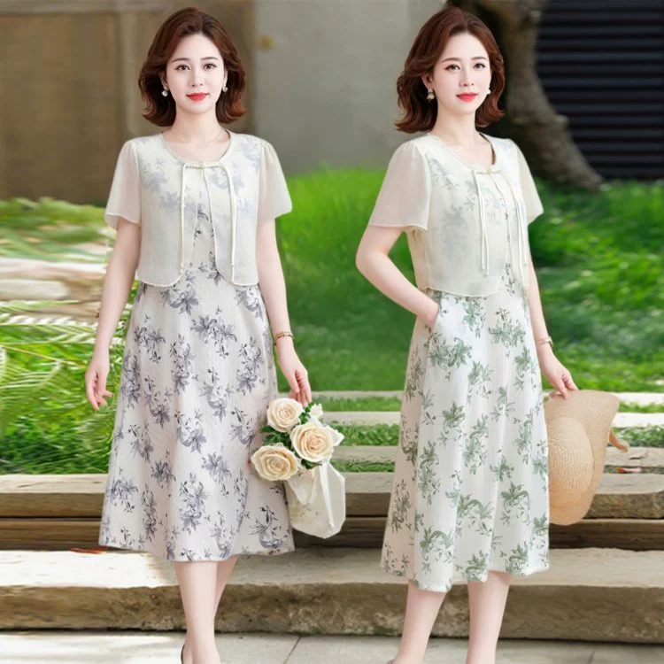 Новый летний костюм для мамы в китайском стиле, новое платье для женщин среднего и пожилого возраста, шифоновая рубашка в национальном стиле, длинная юбка, комплект из двух предметов