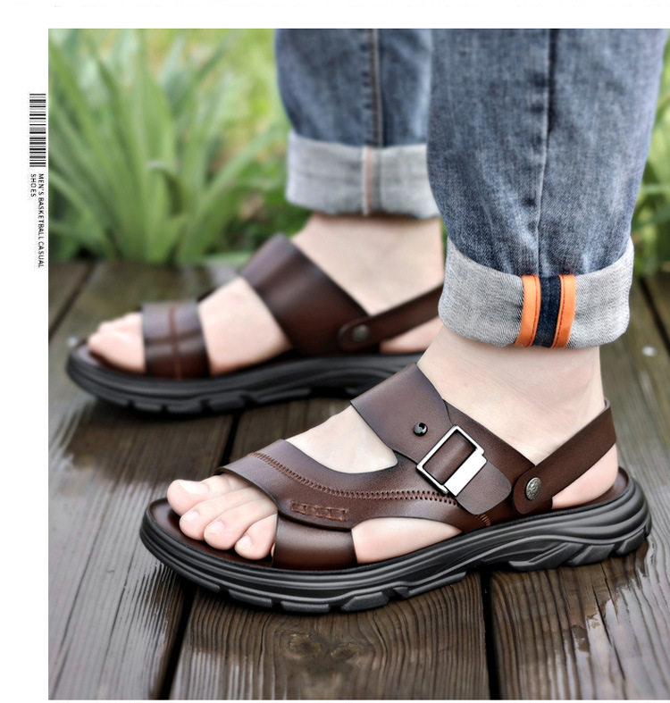 Dép sandal nam quai ngang đế bằng mềm nhẹ thoáng khí kiểu hai cách mang — Màu nâu, màu đen chi tiết 22