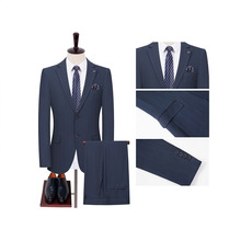 高级新款西服男士轻商务休闲宴会套装韩版蓝色条纹侧开叉新郎西装