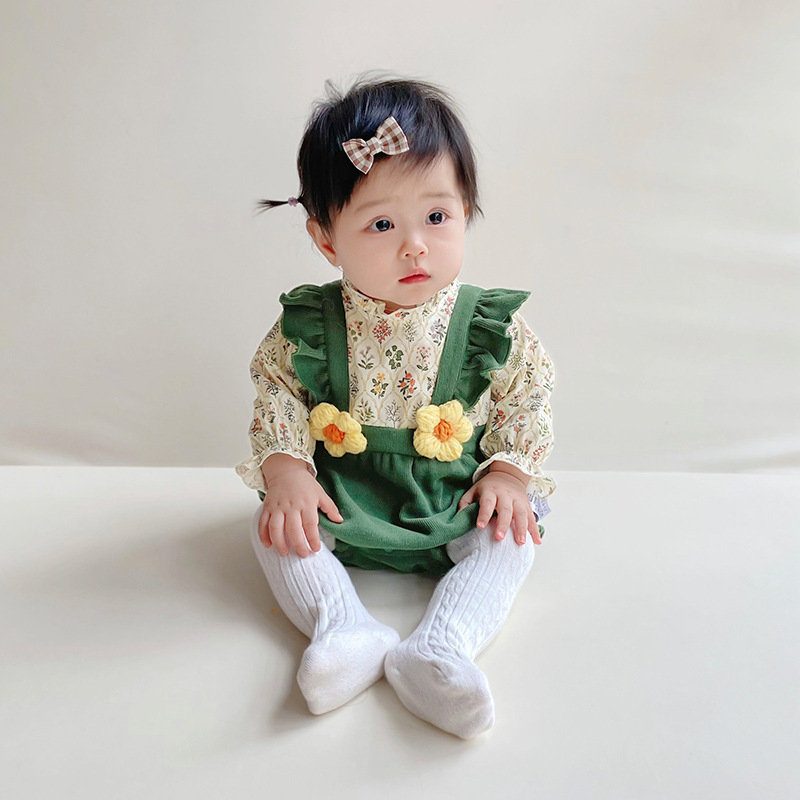 2026 New Cute Color-Blocked Baby Romper for Girls with Floral Print, Newborn Clothing Wholesale
