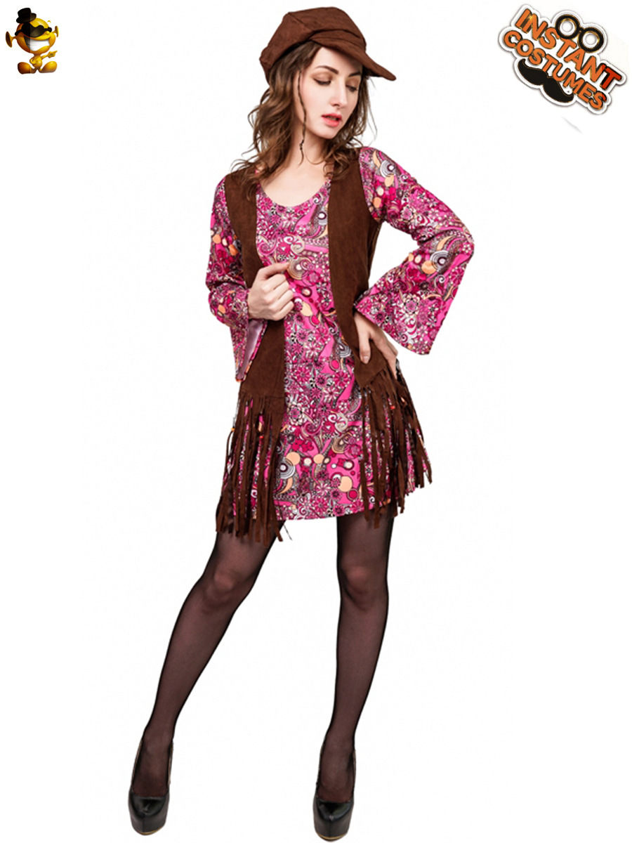 Las mujeres adultas 70s hippie borla etapa rendimiento traje chica grande carnaval hippie