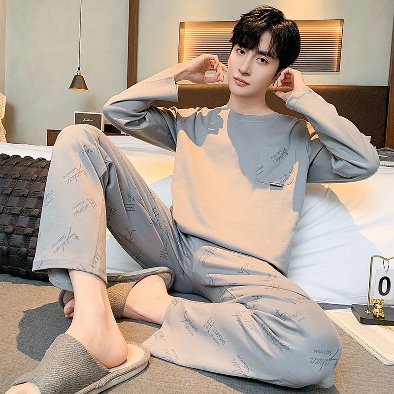 Pijamas de algodón para hombres de primavera y otoño de manga larga delgada Juventud de mediana edad casual de algodón suelto más el tamaño de desgaste para el hogar traje de hombre