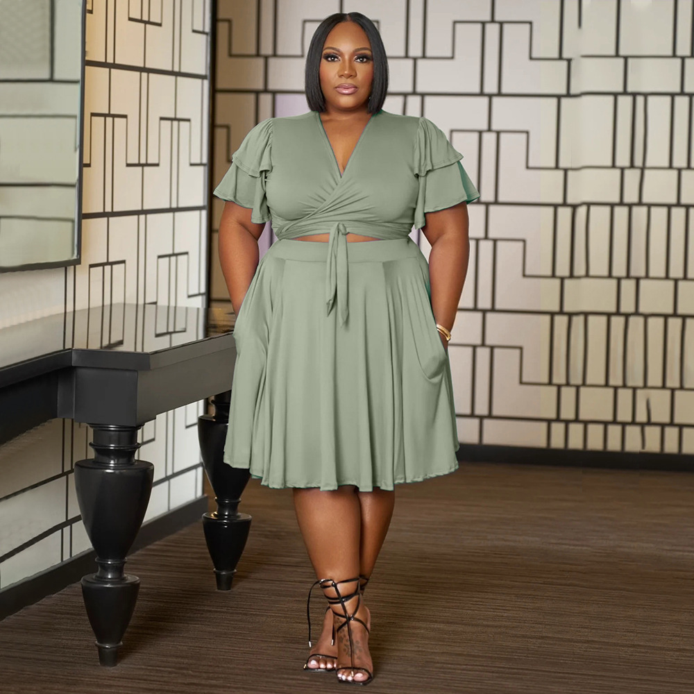 385g Weight Short Sleeve Sleeve Length Spandex Fabric Type Skirt Co-ord Set Sets Type 2 Pieces Set Quantity Daily Occasion V Neck Neckline Regular Fit Fit Type Solid Color Pattern Summer Season Pleated Design Casual Style Daily Casual Solid Color Spandex Pleated Skirt Co-ord Set Plus Size Two-piece Sets 8