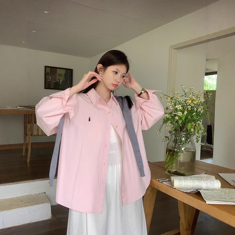 Casual and Cute Japanese Style Bunny Embroidered Shirt for Women 2025 Spring and Summer Single Wear Layered with Long-Sleeved Shirt Cardigan