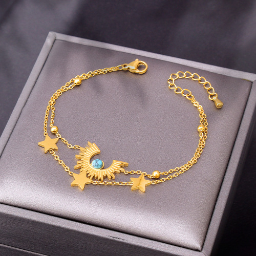 Literary retro baby's breath double-layer bracelet turquoise fan-shaped five-pointed star earrings set titanium steel necklace women's jewelry