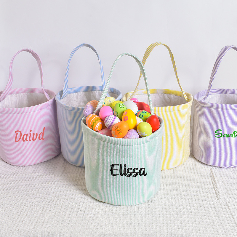 Cross-border Hot Sale Embroidery Sauce Easter Hand Basket 5 Color Striped Egg Decorative Easter Bucket