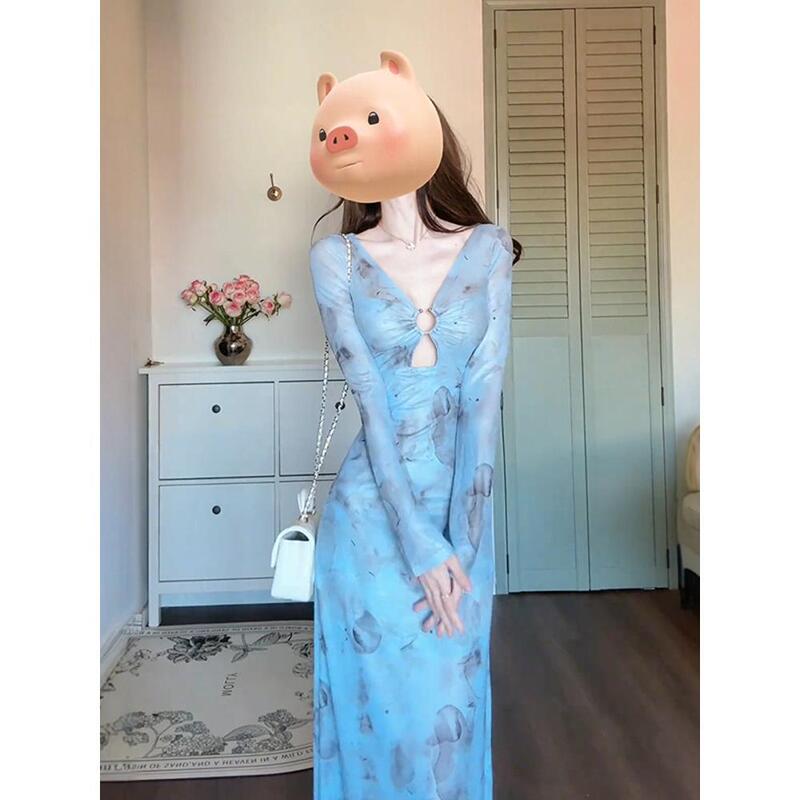 French-Style Stunning Blue Printed Summer Dress for Women, Royal Sister Style, Versatile Beach Vacation Bodycon Long Dress, New Model