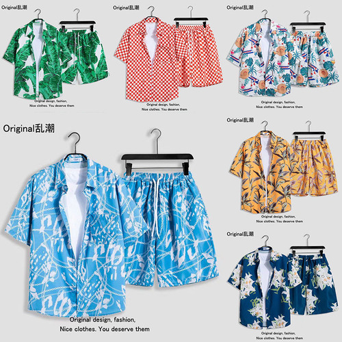 Hawaiian Beach Vacation Style Short-Sleeve Set for Men and Women, Loose Couple Shorts and Flowered Shirt, Casual Two-Piece Set