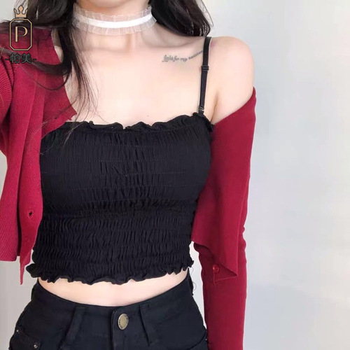 Beautiful back lace suspender bra wrapped around the chest to wear Korean style fungus lace pleated sexy bottoming with breast pads tube top for women