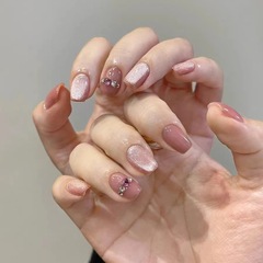 冰透豆沙粉色貓眼手工穿戴美甲貼片成品溫柔帶鑽新娘假指甲甲片