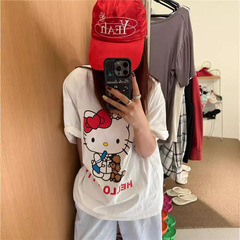 綿アメリカレトロ潮牌ハローキティ半袖tシャツ女性夏ゆるい丸首甘いかわいいミディアムロング