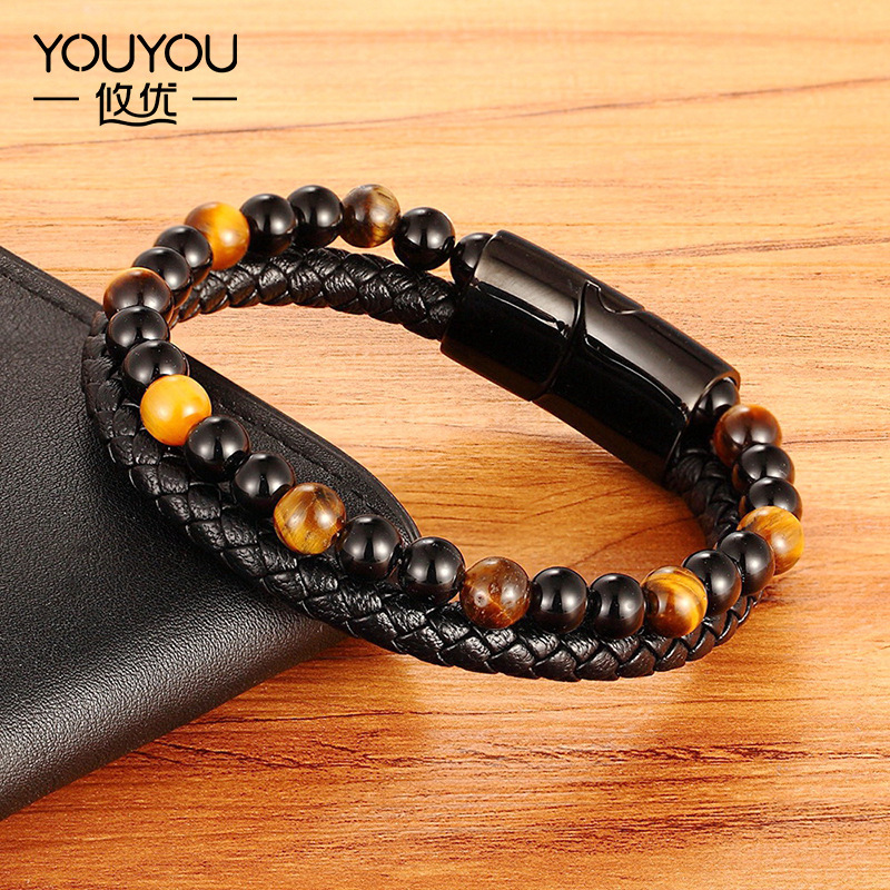 Men's double-layer stainless steel black buckle bracelet woven leather Tiger Eye handmade beaded bracelet Men's double-layer stainless steel black buckle bracelet woven leather Tiger Eye handmade beaded bracelet