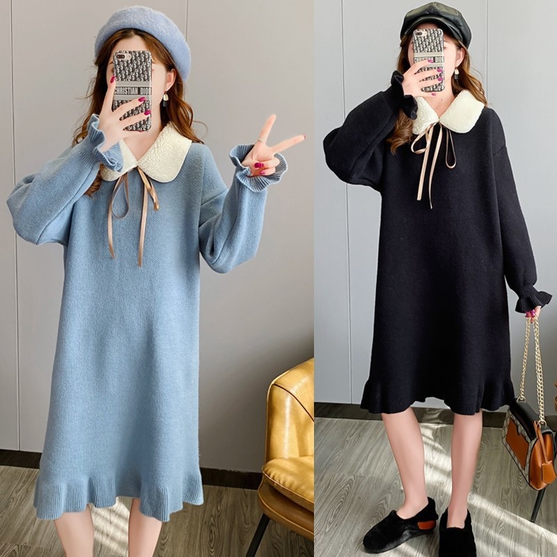 서양식 임산부복 가을 겨울 드레스 정장 유행 새로운 가을 겨울 두꺼운 스웨터 상의 중간 및 긴 스타일 트렌디