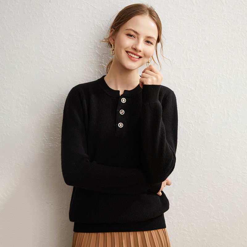 Autumn woolen knitted sweater with a round collar