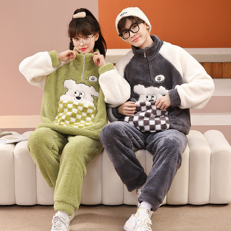 跨境電商代發睡衣批發季男女情侶加絨加厚立領外穿家居服兩件套裝