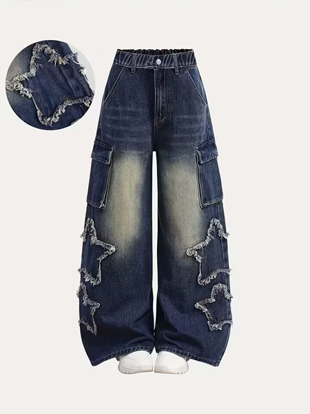 Cross-Border Girls' Spring and Autumn Jeans New Style for Older Children, Loose Casual Straight-Leg Pants, Stylish Versatile Wide-Leg Pants for Kids
