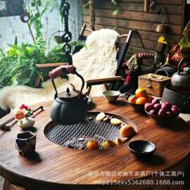 老榆木围炉煮茶桌家用圆形实木桌茶几桌矮桌子民宿阳台餐桌火锅桌