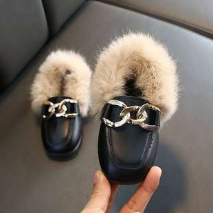 2025 New Autumn and Winter Girls' Furry Shoes Baby Fleece-Lined Bean Princess Shoes Soft Bottom Kidsren's Rabbit Fur Warm Cotton Shoes