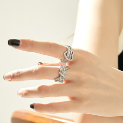 輕奢高級感超閃鋯石打結愛心疊戴開口戒指甜酷少女風精緻時尚指環