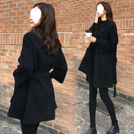 外套薄款女秋装宽松中长款毛呢外套系带大码宽松女大衣