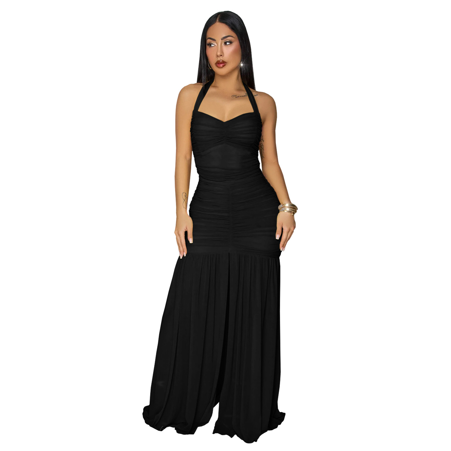 C7656 Aliexpress transfronterizo Amazon Europa y América de moda moda femenina elegante color sólido vestido de trasera abierta image 7