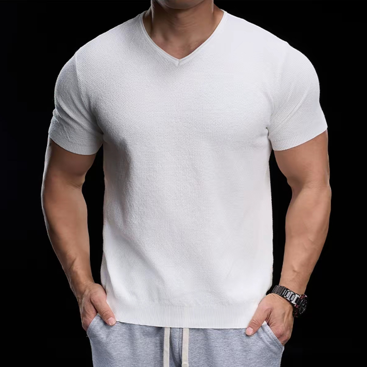 Camiseta de punto de manga corta camiseta elástica hombre V cuello de pollo corazón viejo viento de negocios hielo verano fábrica transfronteriza al por mayor