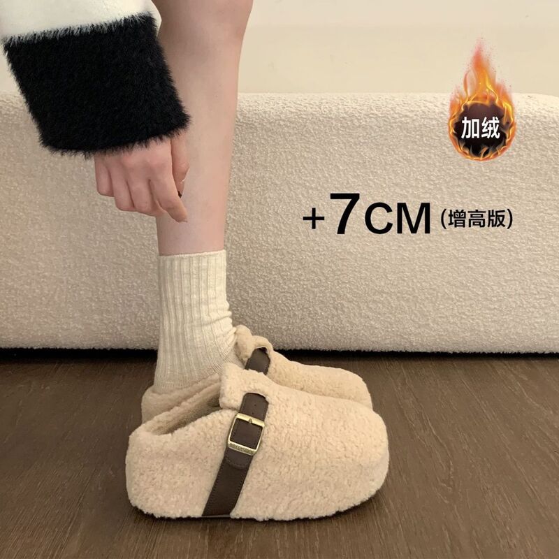 Platform Thick-Soled Height-Increasing Fleece-Lined Birkenstock-Style Slippers for Women, New Winter Snow Boots, New Slippers for Outdoor Wear