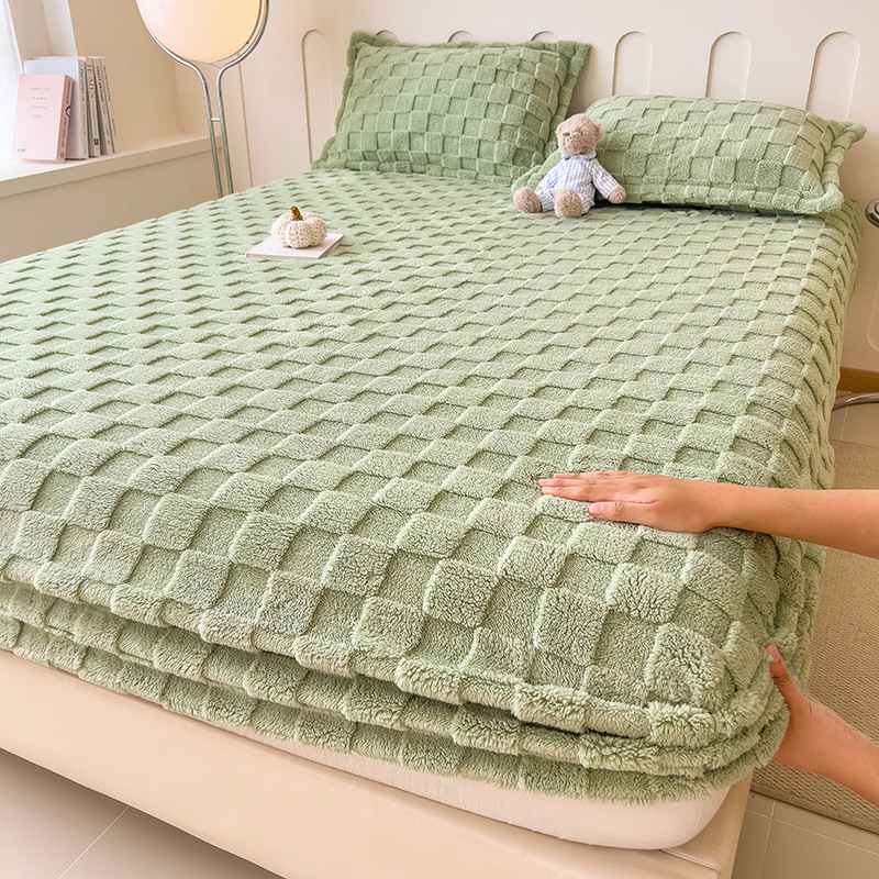 Set of 3 Milk Fleece Tufted Bed Skirts for Autumn/Winter - Solid Color Carved Pattern with Thick Memory Foam Mattress Protector