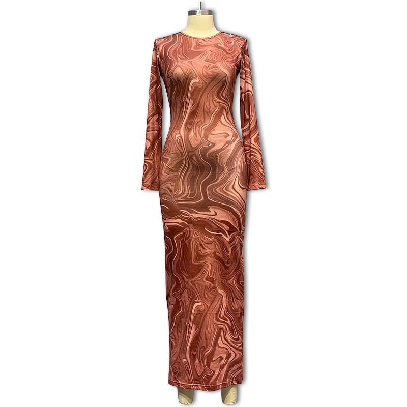 Ropa de mujer transfronteriza de estilo europeo y americano 2023 otoño nuevo vestido de manga larga impreso cuello redondo delgado vestido de longitud media mujeres