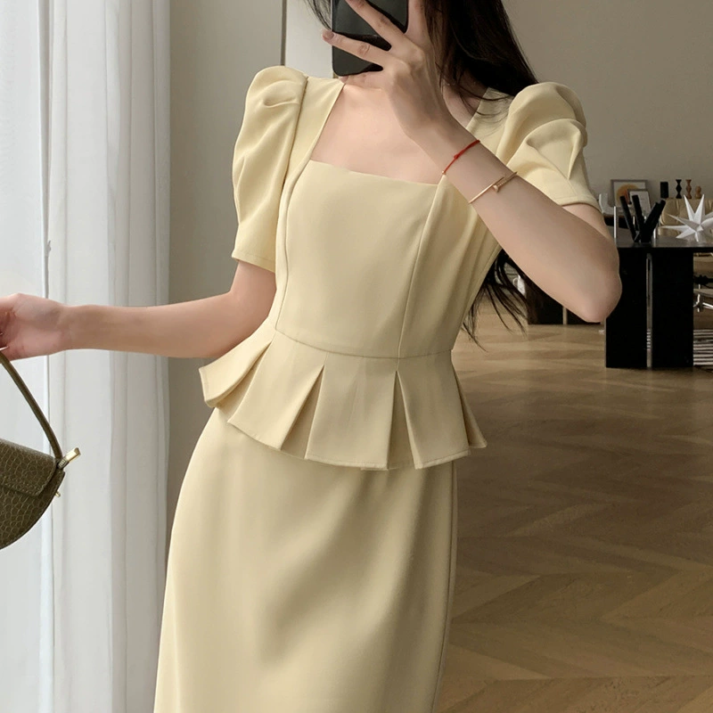 Летний новый стиль, высококачественная рабочая одежда больших размеров с толстой талией, длинная юбка, элегантное платье в стиле Хепберн из двух частей с квадратным вырезом