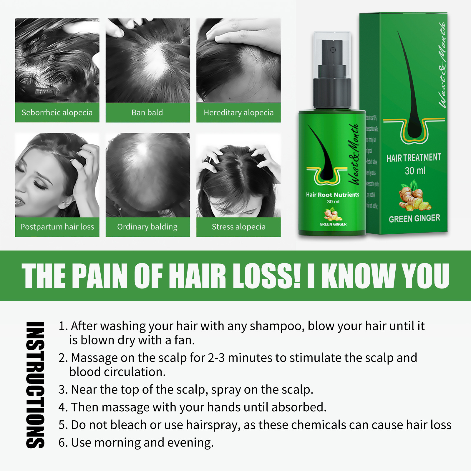West&Month Hair Growth Lotion förhindrar ingefära från att falla av, stelnar folliklar och ger näring till svart hår_voghion.com