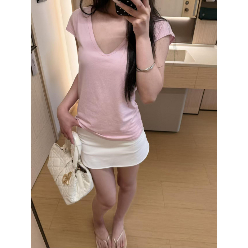American-Style Spicy Girl Pink Flutter Sleeve V-Neck T-Shirt for Women, New Summer Slim-Fit Waist-Cinching Super Flattering Short-Sleeve Top American-Style Spicy Girl Pink Flutter Sleeve V-Neck T-Shirt for Women, New Summer Slim-Fit Waist-Cinching Super Flattering Short-Sleeve Top