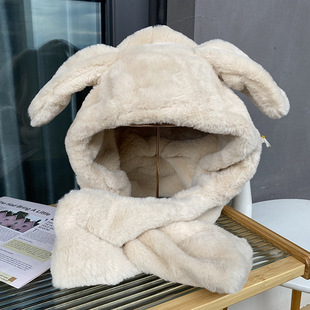 Pinching and pinching rabbit ears hat scarf integrated female winter warm plush two-piece set ear protection cold-proof toe cap