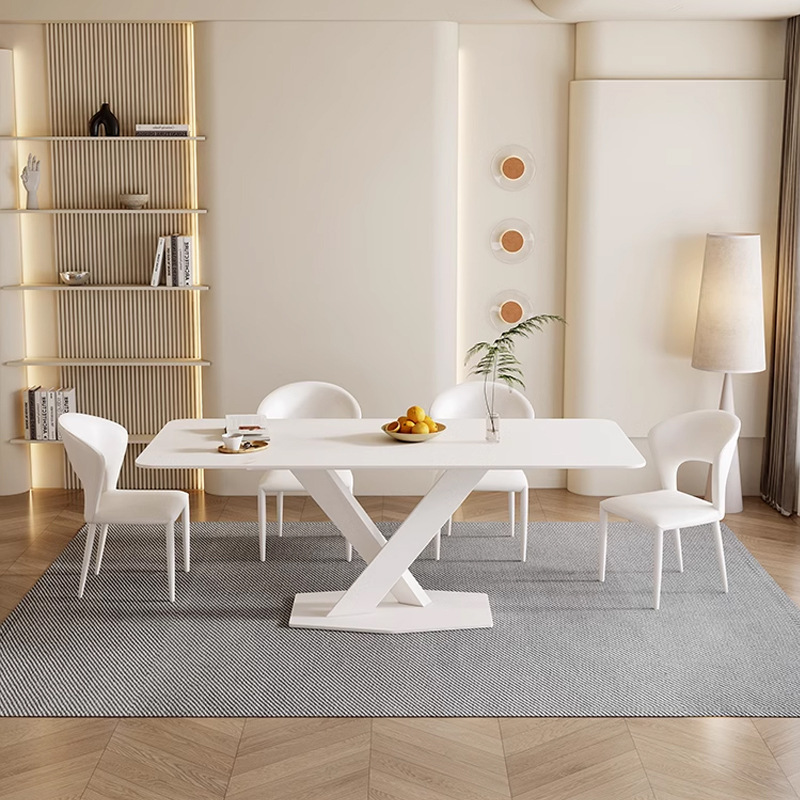 Luz estilo crema francés Enua roca placa mesa de comedor y silla combinación moderna simple hogar mesa de comedor hogar blanco puro rectangular