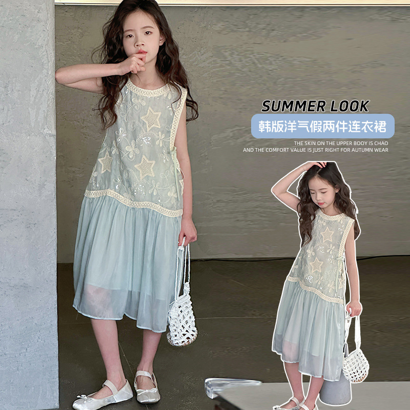 Summer New Girls Sleeveless Dress Kidsren's Clothing Kidsren's Fashionable Girl Elegant Princess Dress Embroidered Dress Skirt