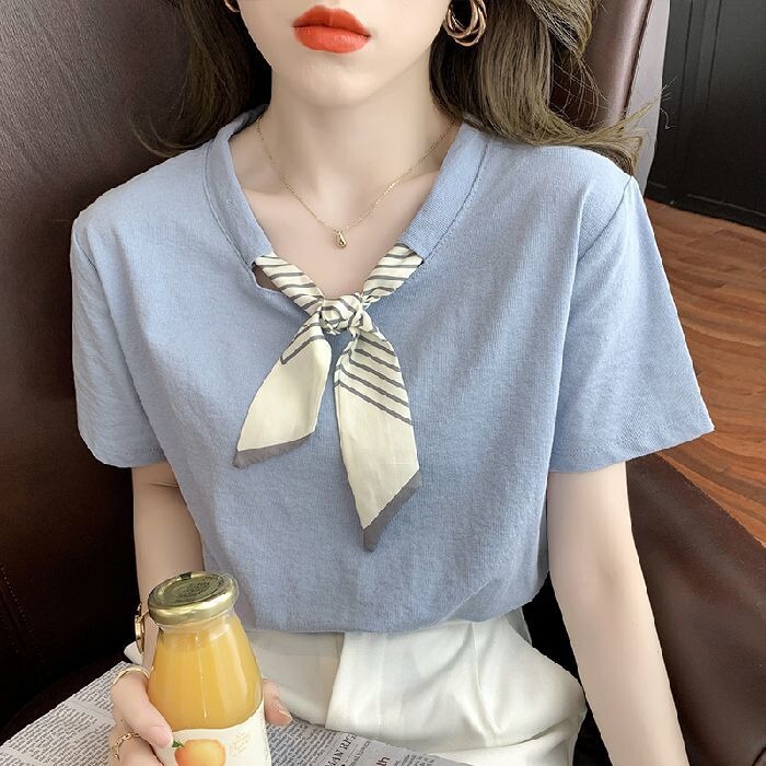 夏季2025年新款夏装众蝴蝶结纯棉短袖T恤女装宽高端别致减龄上衣|undefined
