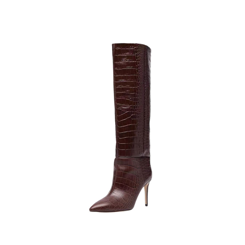 European and American style crocodile-patterned pointed-toe high-heeled boots, women's brown stiletto knee-high boots, retro-style, slimming effect, high-heeled boots European and American style crocodile-patterned pointed-toe high-heeled boots, women's brown stiletto knee-high boots, retro-style, slimming effect, high-heeled boots