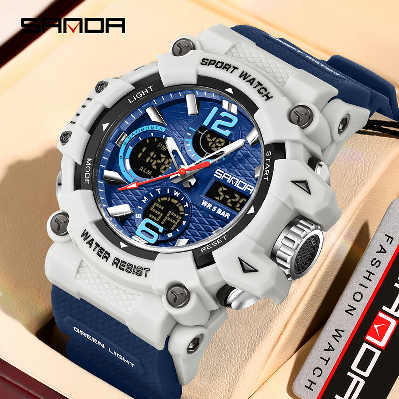 SANDA nuevo reloj de pulsera juvenil transparente al aire libre cool doble reloj de pantalla hombre impermeable luz nocturna reloj electrónico