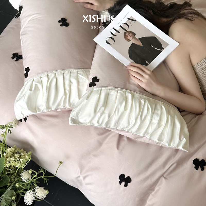 French Princess Style 100S Long-Staple Cotton Bedding Four-Piece Set Soft Waxy Brushed Autumn and Winter Warm Cotton Bed Sheetss Quilt Pillowcases