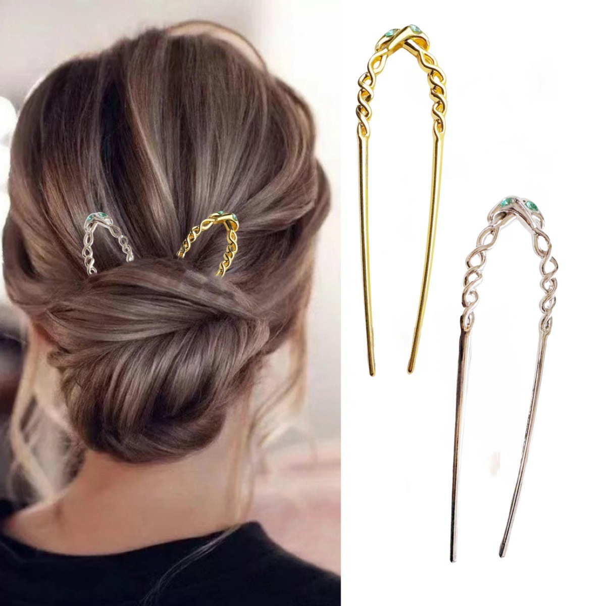 Europa y América clásica sensación de lujo ligero metal en forma de U clip de cabello de tendencia serpentina clip de cabello de torsión diamantes accesorios clip de cabello
