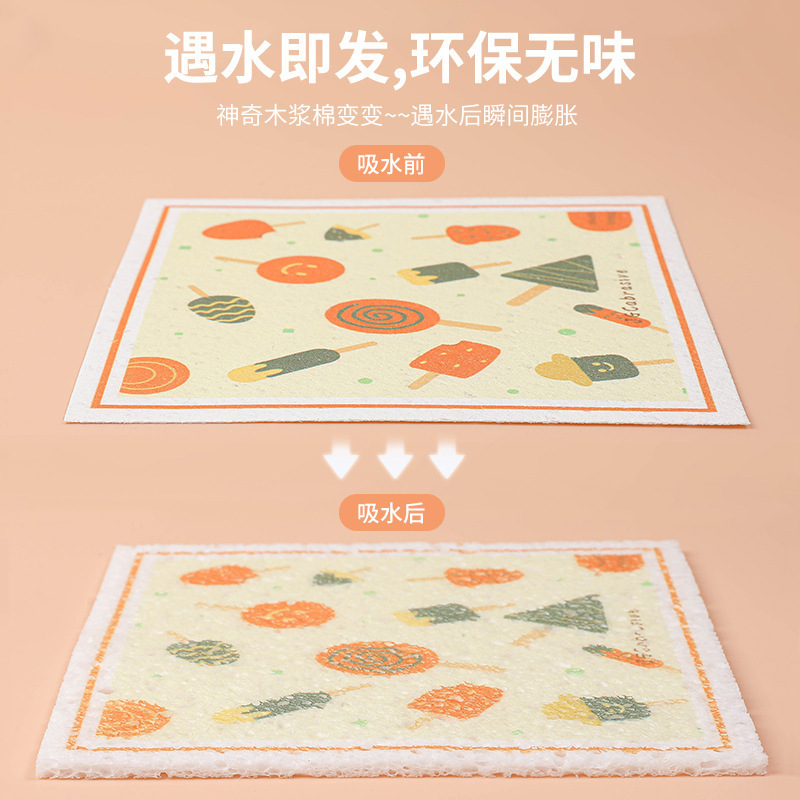 Pulpa de madera algodón trapo cocina absorbente dibujos animados descontaminación esponja paño estropajo fibra de madera paño plato toalla al por mayor