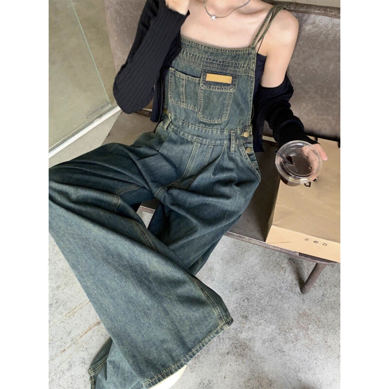 Ins Style Suspenders suit Vintage Denim Strap Pants Loose All-match Slimming Straight Leg Wide-leg High Waist Jumpsuit