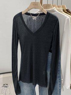 Sexy V Neck Black Bottoming Shirt for Women 2025 Spring and Summer European and American Sexy Slightly See-Through Long-Sleeved T-Shirt Slim Thin Top