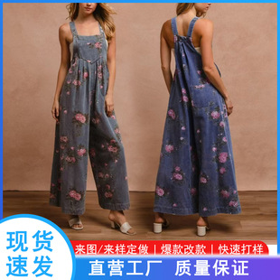 French Hot-Selling Cross-Border Overalls Amazon Fashion Denim Floral Print Casual Sleeveless Overalls Jumpsuit